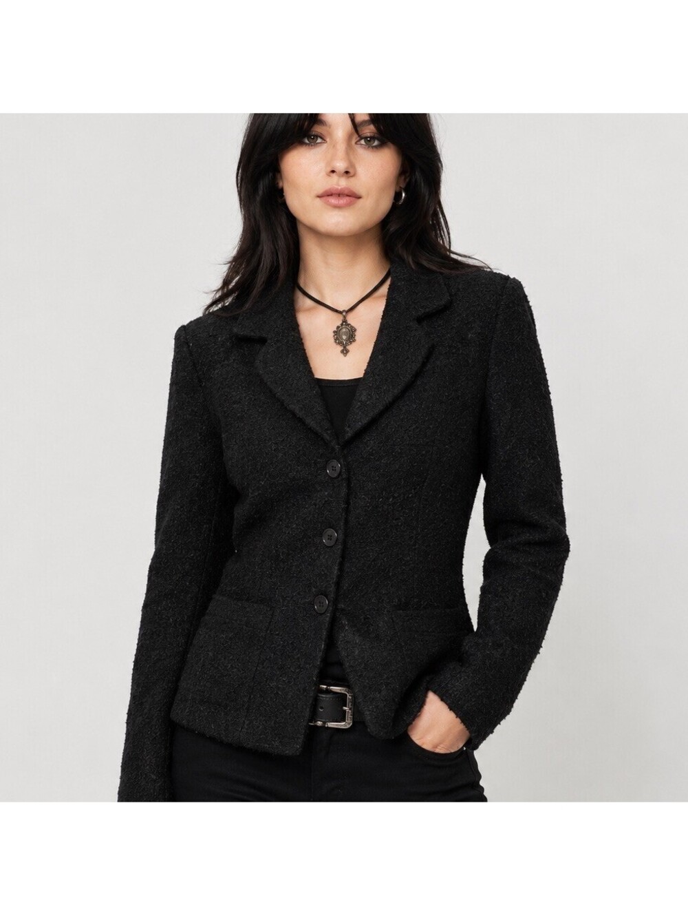 Jennifer & Grace Black Tweed Blazer Jacket Womens Size 10 Preppy Goth Steampunk